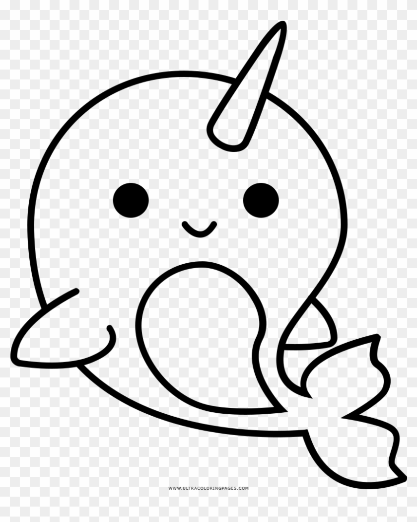 Cute cartoon narwhal with a single horn, smiling face, and simple line art on transparent background.