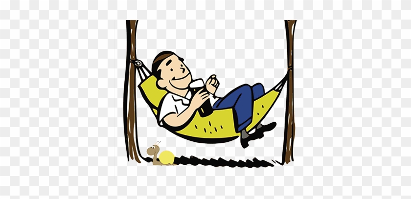 A smiling man relaxing in a yellow hammock between two trees, holding a drink, with a snail nearby.