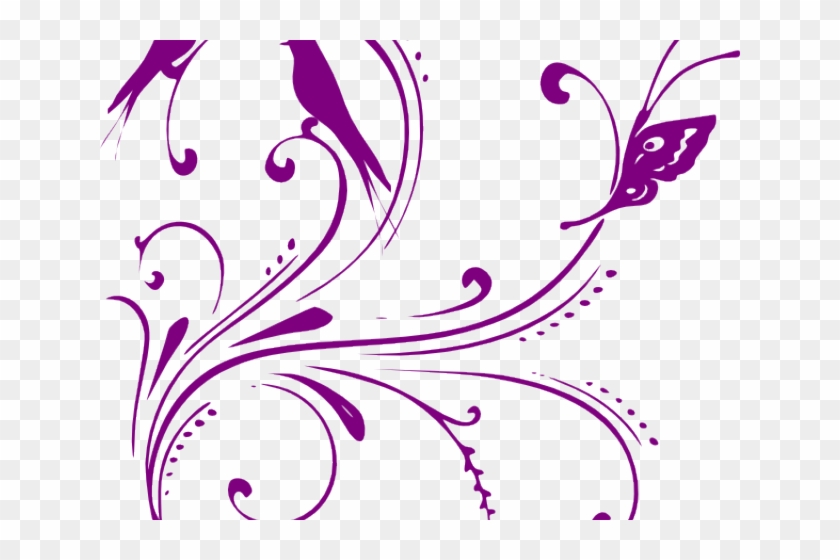 Elegant Purple Floral Ornament with Birds and Butterfly - SVG Clipart