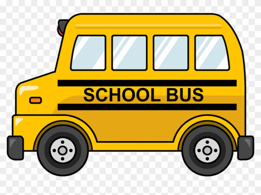 Yellow cartoon school bus with black stripes and "SCHOOL BUS" text on side, four windows, black wheels.