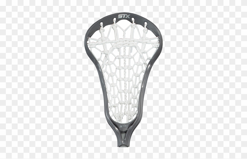 STX lacrosse head with white stringing and gray frame on transparent background.