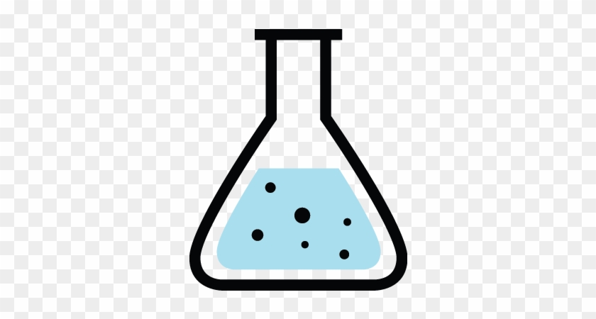 Erlenmeyer flask with light blue liquid and black bubbles, scientific lab icon.