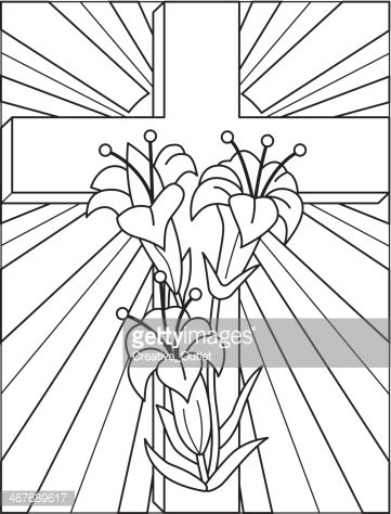 Black-and-white line art of a Christian cross with lilies and radiant light beams, designed as a coloring page.