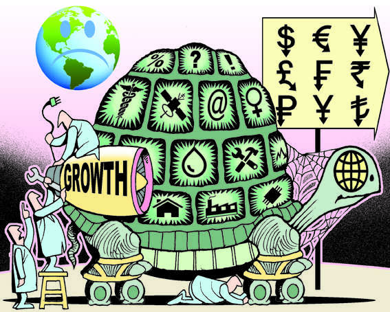 A cartoon turtle labeled "GROWTH" on roller skates, burdened with global symbols and currency signs, while scientists struggle to push it; Earth looks sad above.
