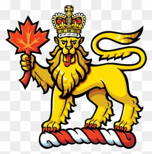 A crowned golden lion holding a red maple leaf, standing on a red-and-white ribbon-symbol of Canada’s royal heritage.