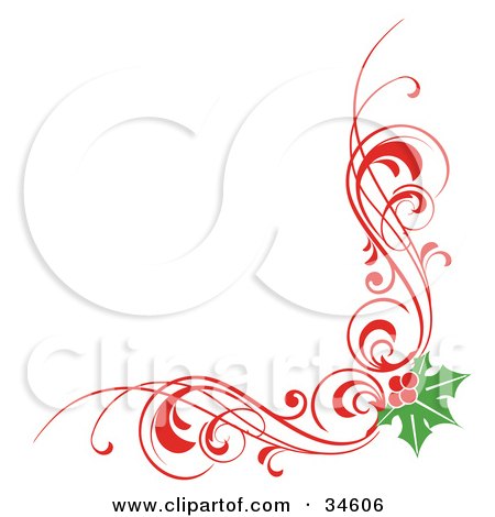 Festive Red Swirl & Holly Corner Ornament - Free Clipart Download