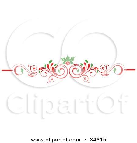 Festive red and green floral scroll border with holly accents on white background.