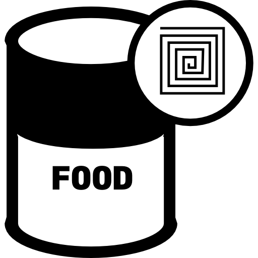 Black-and-white illustration of a food can with a magnifying glass revealing nested square patterns, symbolizing food inspection or analysis.