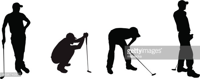 Four black silhouettes of golfers in various poses: standing, crouching to inspect lie, bending to address ball, and observing shot.