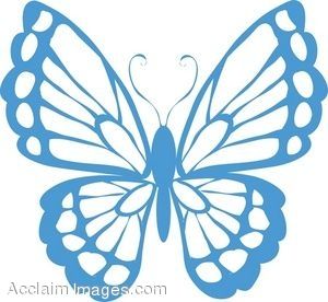 Blue stylized butterfly illustration with intricate wing patterns and symmetrical design.