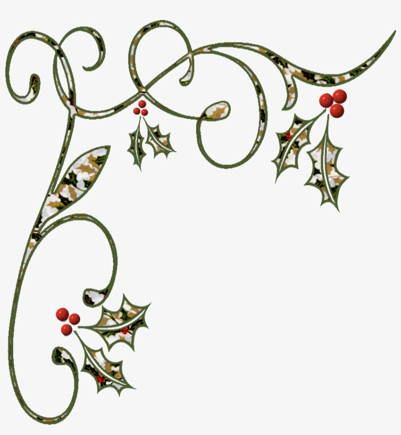 Festive holly and ivy scrollwork border with red berries and green leaves, decorative corner flourish for holiday designs.