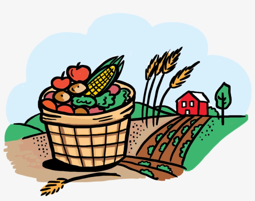 A woven basket overflowing with fresh produce-apples, corn, potatoes, and greens-set against a pastoral farm scene with wheat, fields, and a red barn.