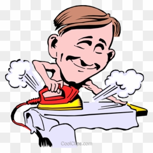 Smiling cartoon man enthusiastically ironing clothes with steam puffing from a red iron.
