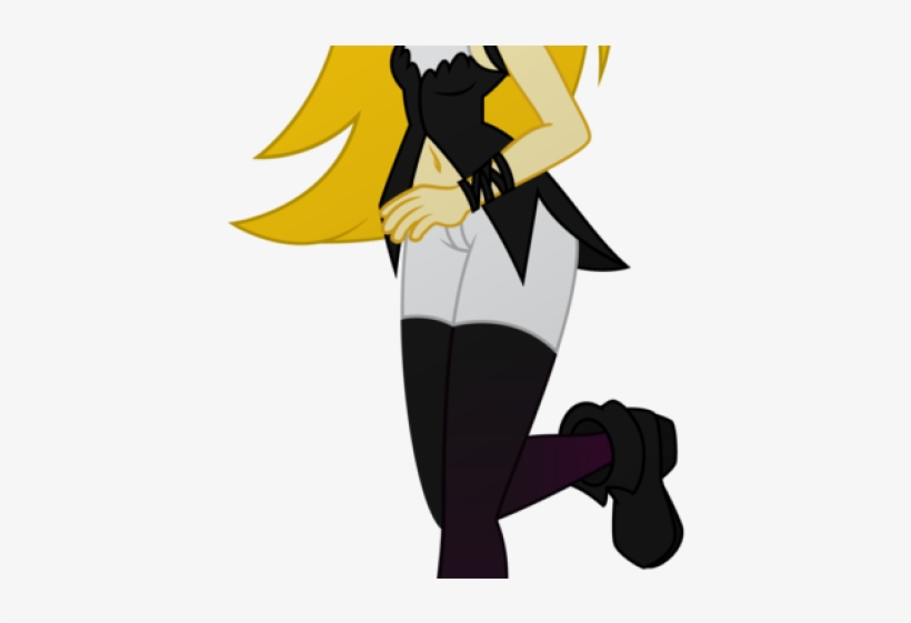 Animated female character with long yellow hair, black-and-white outfit, and purple thigh-highs in a dynamic pose.