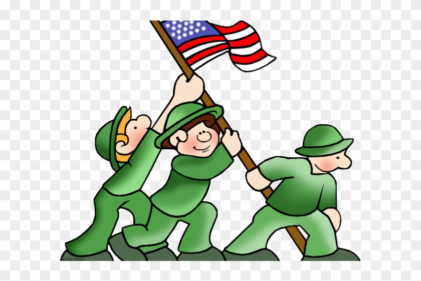 Three cartoon soldiers in green uniforms raising a U.S. flag together.