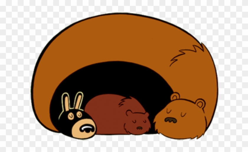 Three cartoon animals-rabbit, bear, and raccoon-sleeping together inside a cozy brown den.