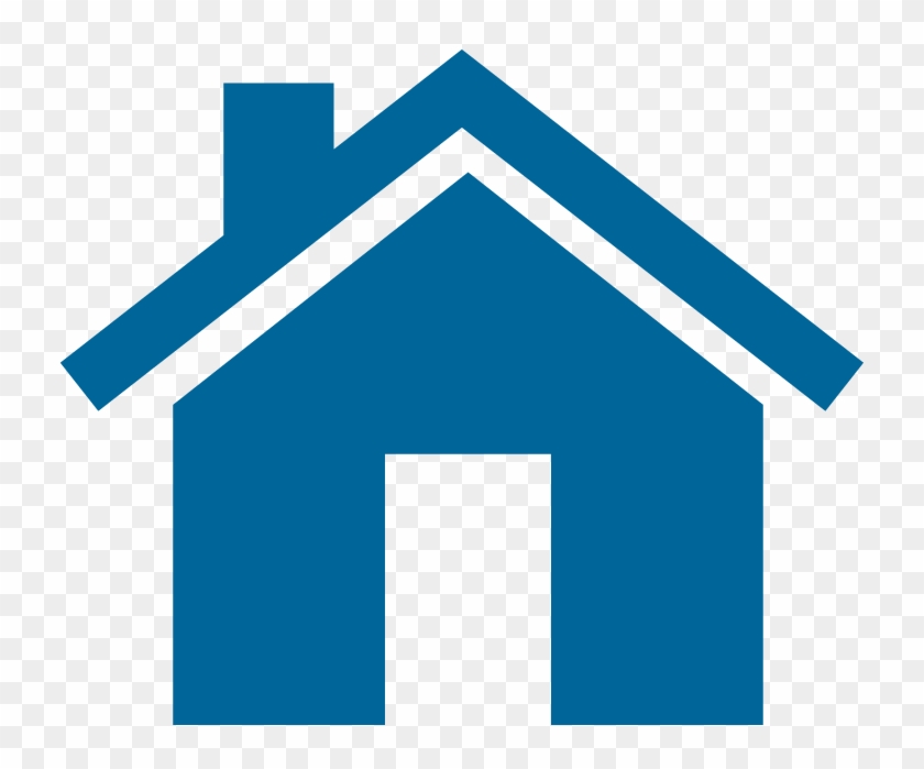 Blue minimalist house icon with roof, chimney, and doorway on transparent background.