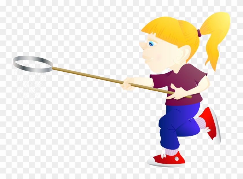 A cartoon girl with blonde ponytail running while holding a butterfly net.