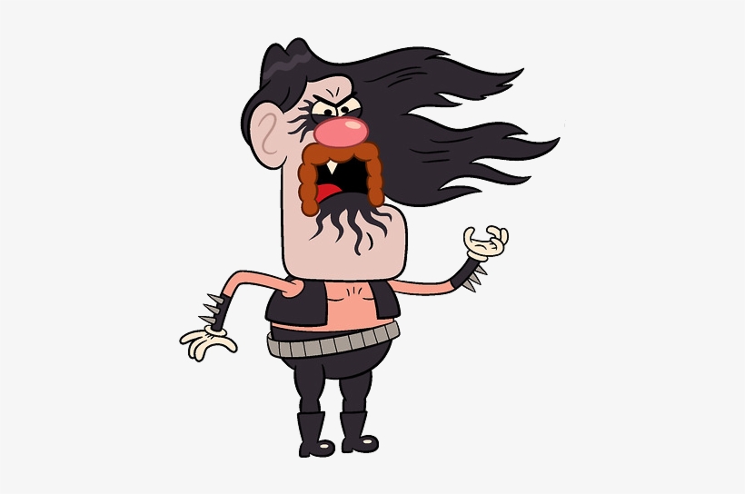 Animated punk rock character with wild black hair, goatee, spiked wristbands, and angry expression.