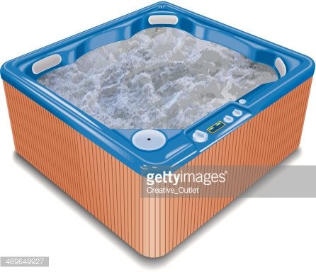 Blue and orange square hot tub with bubbling water, control panel, and side grips.