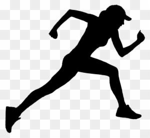 Silhouette of a female runner in motion, wearing a cap and athletic posture.