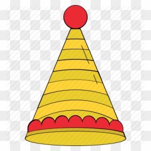 Yellow party hat with red pom-pom and scalloped trim on transparent background.