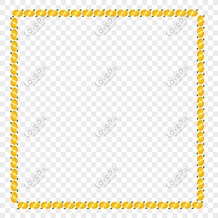 Decorative square frame made of yellow mango illustrations with green stems on transparent background.