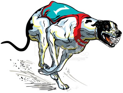 A stylized greyhound in mid-race wearing a red and teal racing jacket, mouth open, legs extended, kicking up dust.