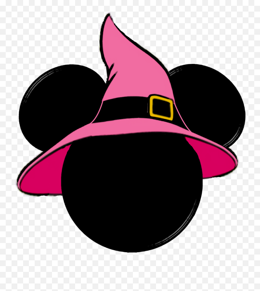 Black Minnie Mouse silhouette wearing a pink witch hat with yellow buckle, Halloween-themed graphic.