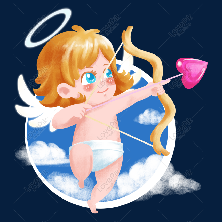 Charming cartoon Cupid with golden hair, wings, halo, and heart-tipped arrow, flying against a blue sky with clouds.