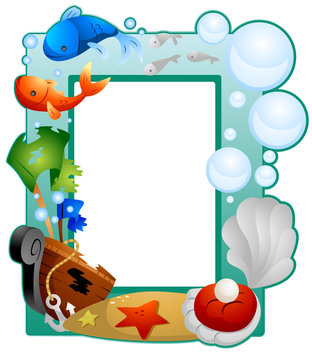 Colorful underwater-themed frame with fish, bubbles, treasure chest, starfish, and seashell on sandy ocean floor.
