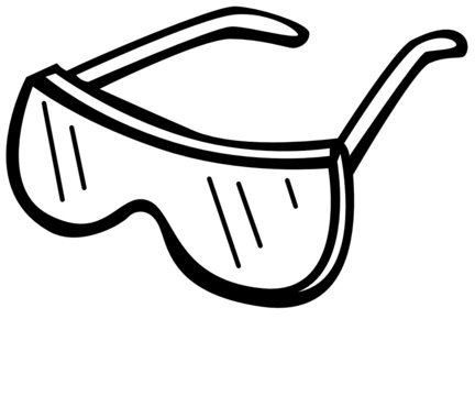 Black-and-white line drawing of protective safety goggles with wraparound lenses and temple arms.