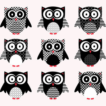 Nine stylized black-and-white owls with geometric patterns and red accents arranged in a 3x3 grid.