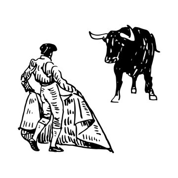 Black-and-white line drawing of a matador in traditional attire holding a cape, facing a charging bull.