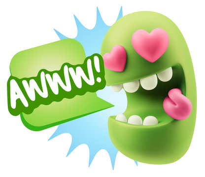 Green cartoon monster with hearts for eyes, tongue out, shouting "AWWW!" in a speech bubble.