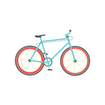 Turquoise fixed-gear bicycle with red rims and black tires, flat vector illustration on white background.