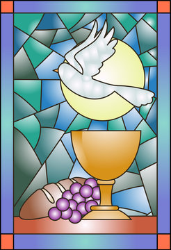 Stained Glass Art of the Holy Spirit and Eucharist Symbols