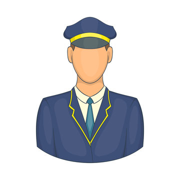 Blue-uniformed airline pilot avatar with cap, tie, and gold trim, faceless cartoon style.