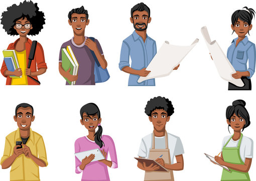 Diverse group of eight professionals in various roles-students, architects, chefs, tech users-holding books, blueprints, tablets, and tools.