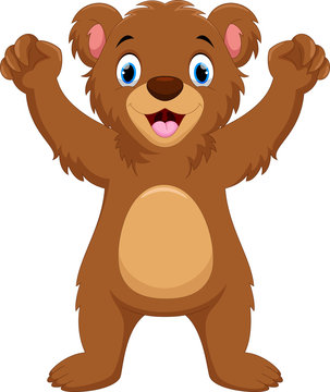 Cheerful cartoon brown bear standing upright with arms raised, smiling with blue eyes and pink inner ears.
