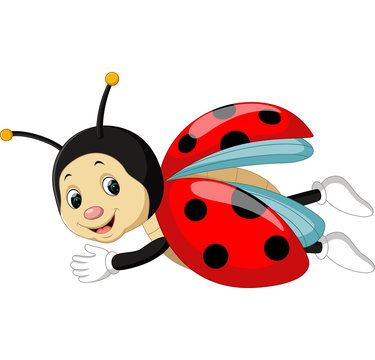 Cheerful cartoon ladybug with black spots, smiling face, and outstretched arms flying mid-air.