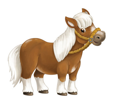 Charming cartoon pony with chestnut coat, white mane and tail, wearing a yellow rope halter.