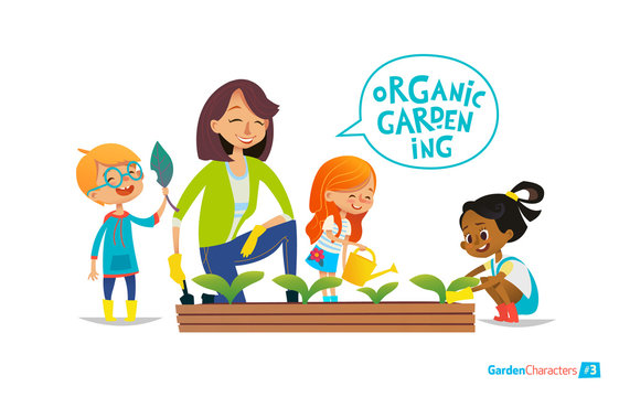 A smiling adult and three diverse children gardening together in a raised bed, with a speech bubble saying "Organic Gardening".