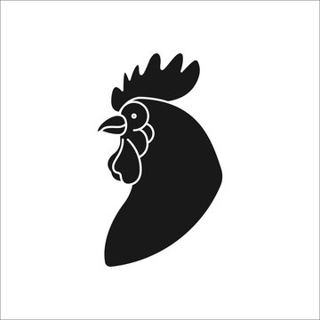 Black silhouette of a rooster’s head in profile, with comb and wattle outlined in white.
