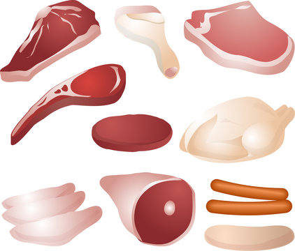 Illustration of various meat cuts including steak, chicken, sausage, and ground beef.