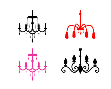 Four stylized chandelier icons in black, red, pink, and ornate black designs on white background.