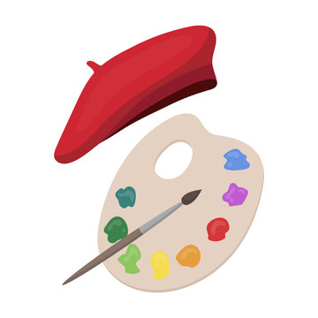 Red beret resting above a wooden artist’s palette with colorful paint dabs and a paintbrush.