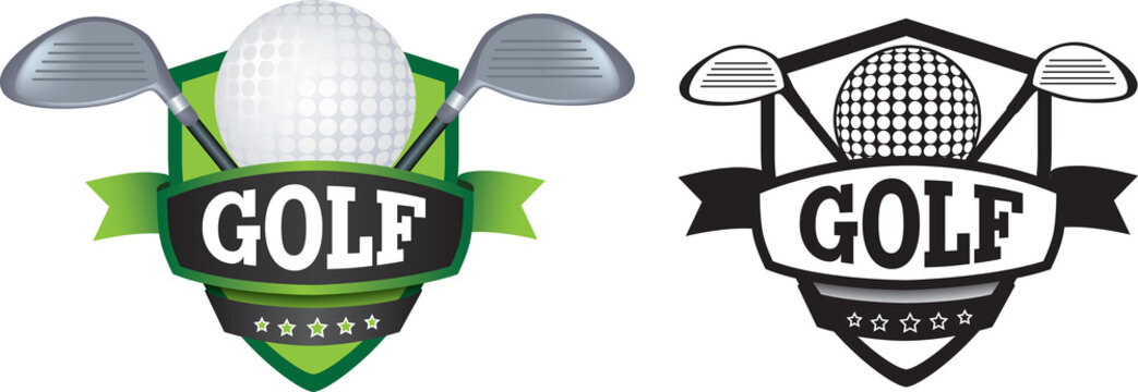 Two golf-themed emblems: one colorful with green ribbon and stars, one monochrome with banner and shield design.