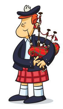 Cartoon man in Scottish kilt and tam playing bagpipes with cheerful expression.