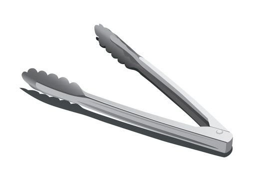 Stainless steel kitchen tongs with scalloped gripping ends and ergonomic handles, isolated on white background.